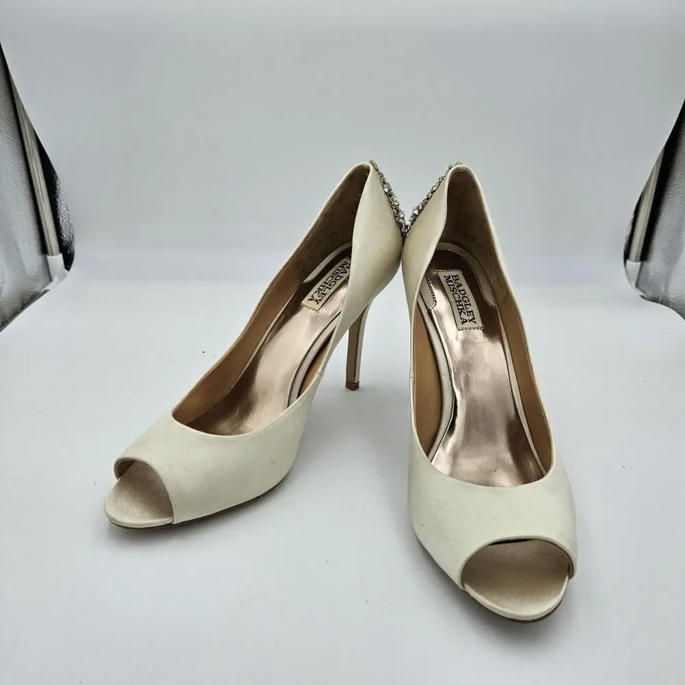 Badgley Mischka Kiara‎ Satin Crystal Open Toe Heels US 9 Bridal Wedding